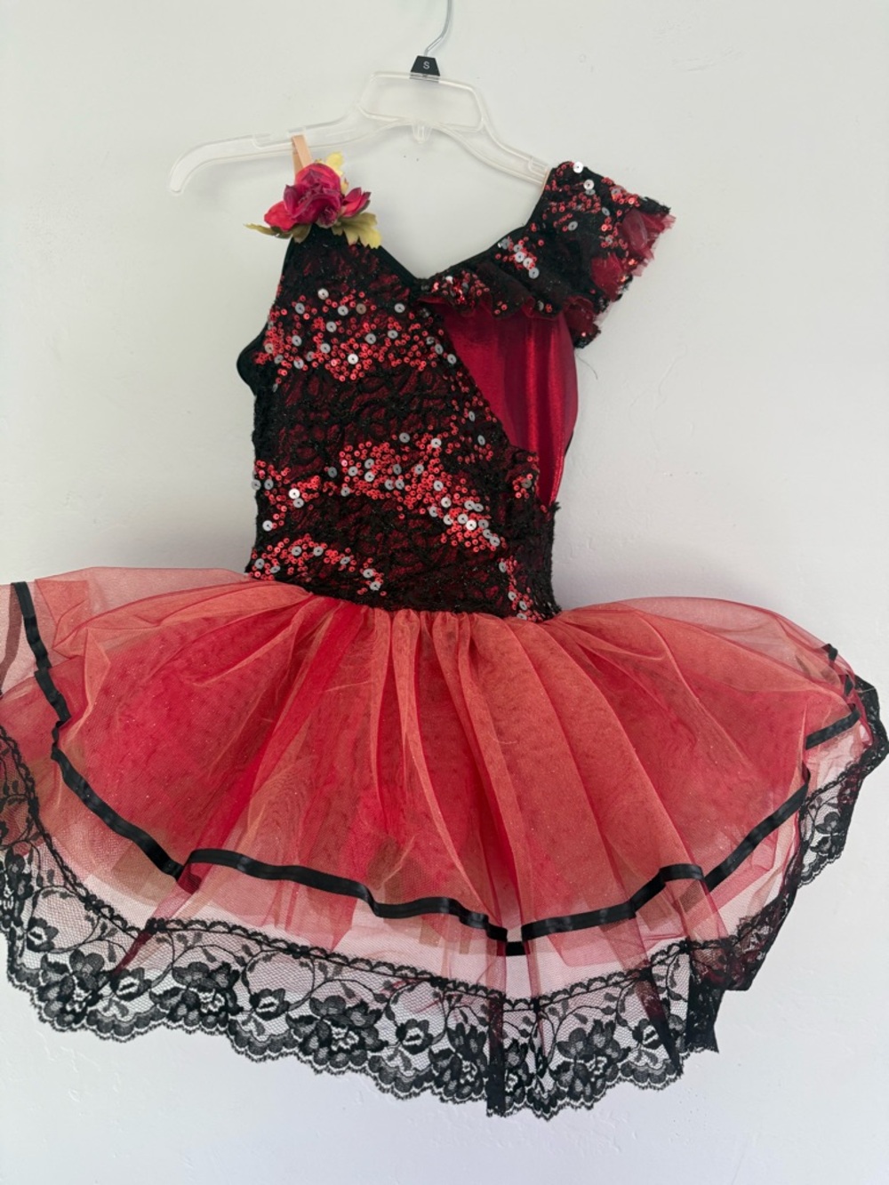 One-Shoulder Red and Black Sequin Tulle Dress - Women